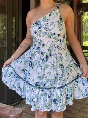 Free People White Floral One-Shoulder Mini Dress with Blue & Green Print